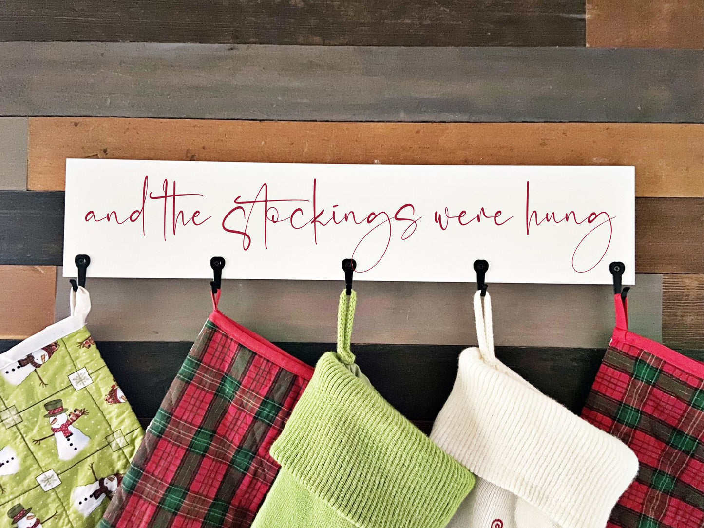 Stocking hanger - Stocking display with hooks - Wood stocking hanger - no fireplace